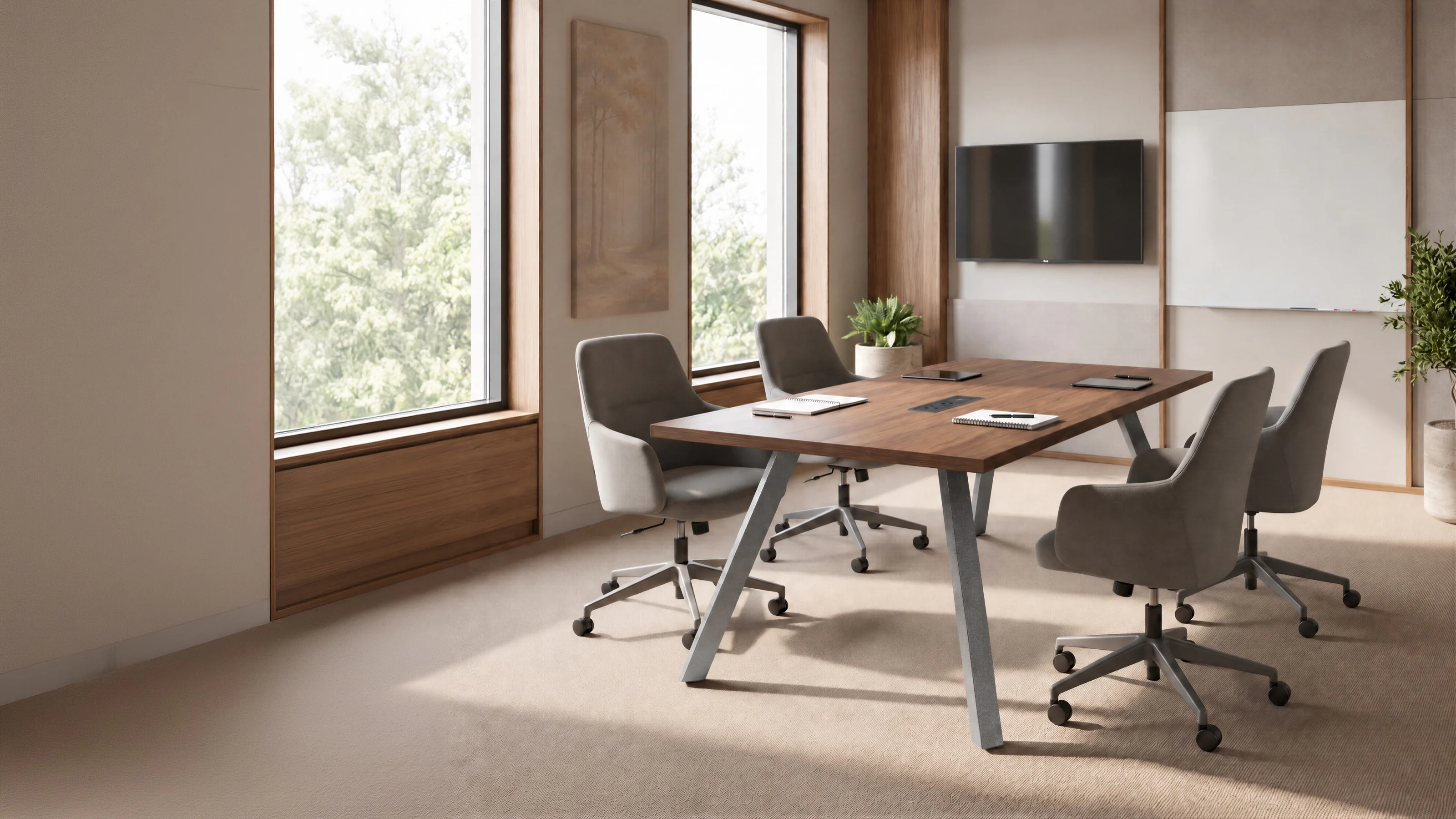Exclaim table with a power unit set flush into its top, four task chairs around it, in a meeting room with tall windows