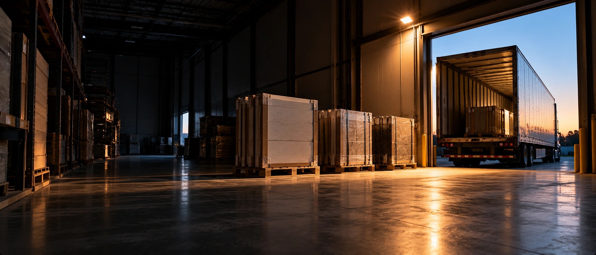 Crated tables on pallets inside a warehouse at dusk, an open dock door beyond with a loaded trailer backed up to it