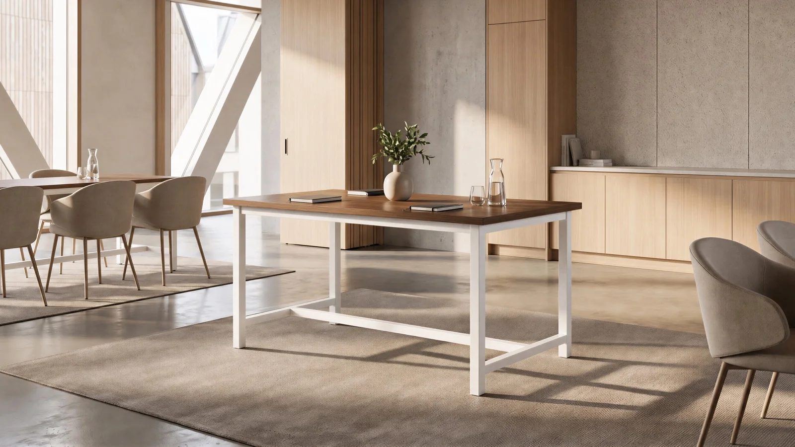 Walnut butcher block tabletop in warm light