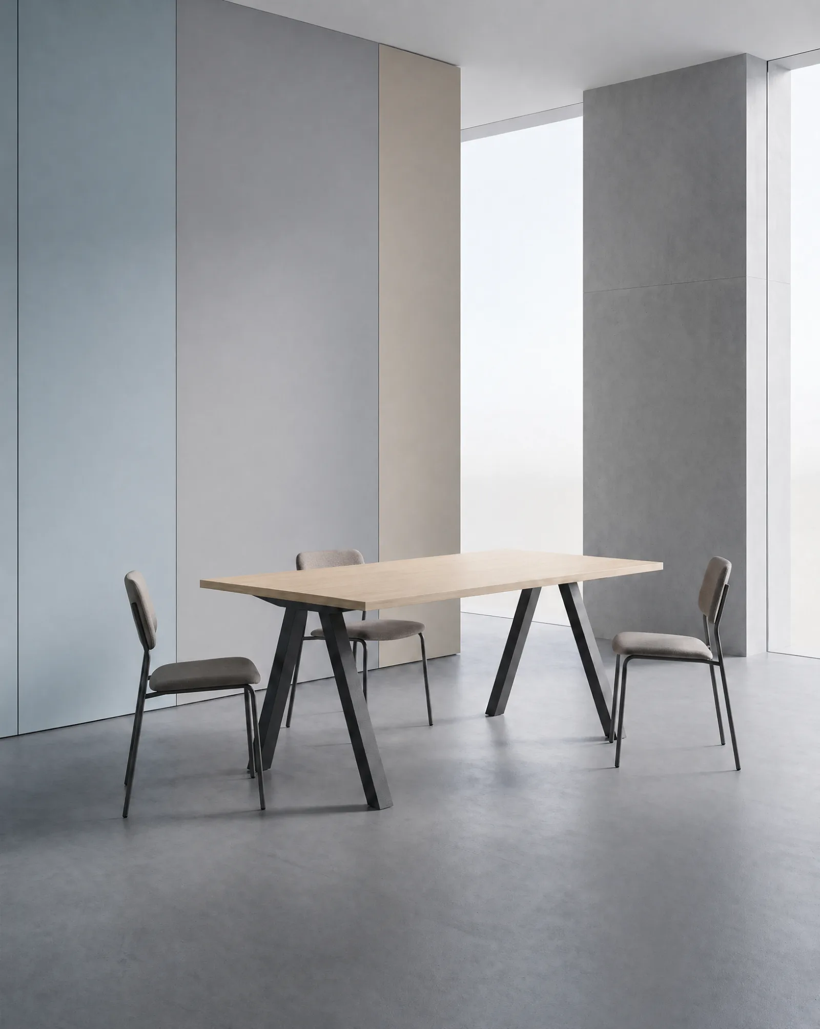 Exclaim table with side chairs on a pale blue set