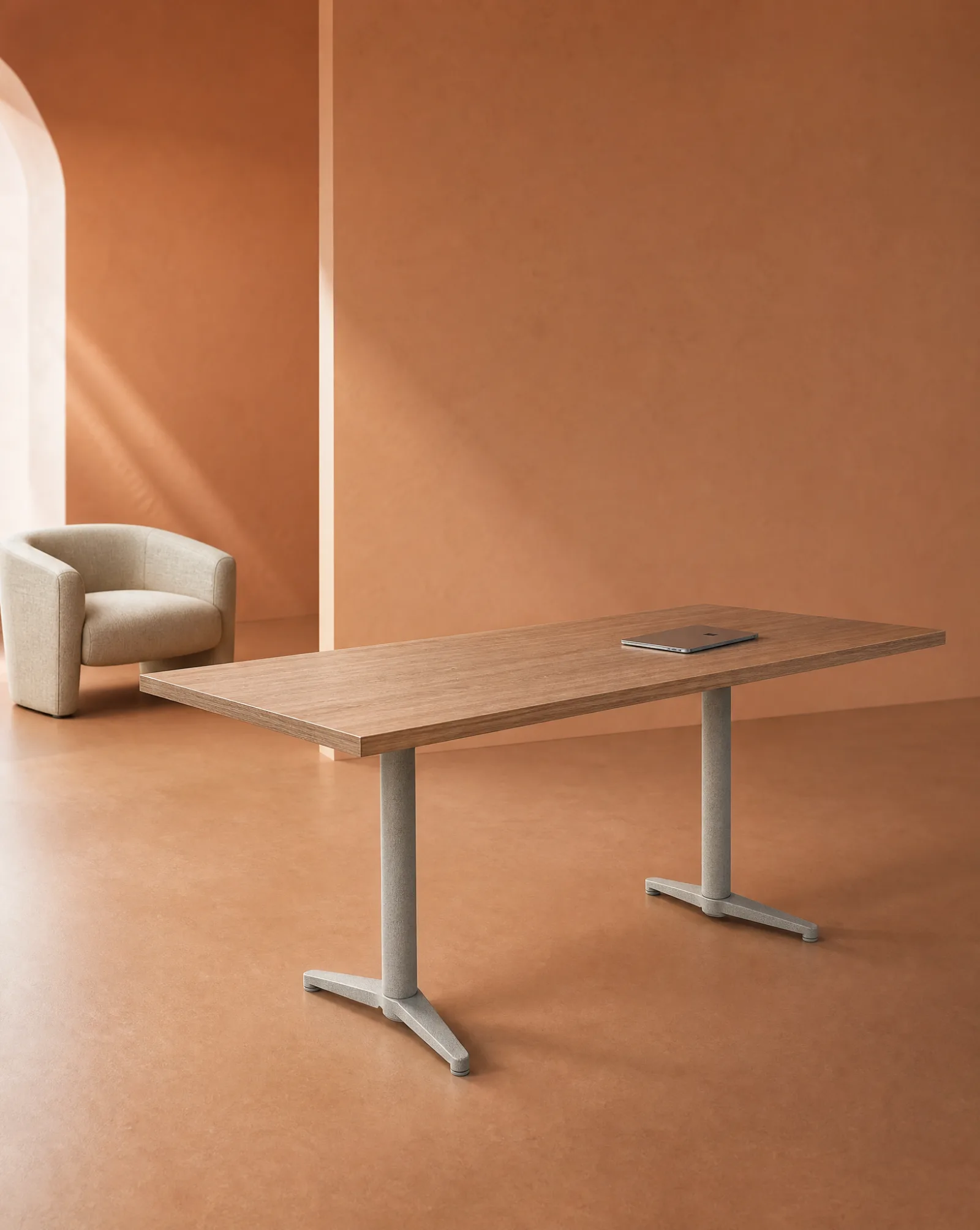 Revel table with a lounge chair on a warm tan set
