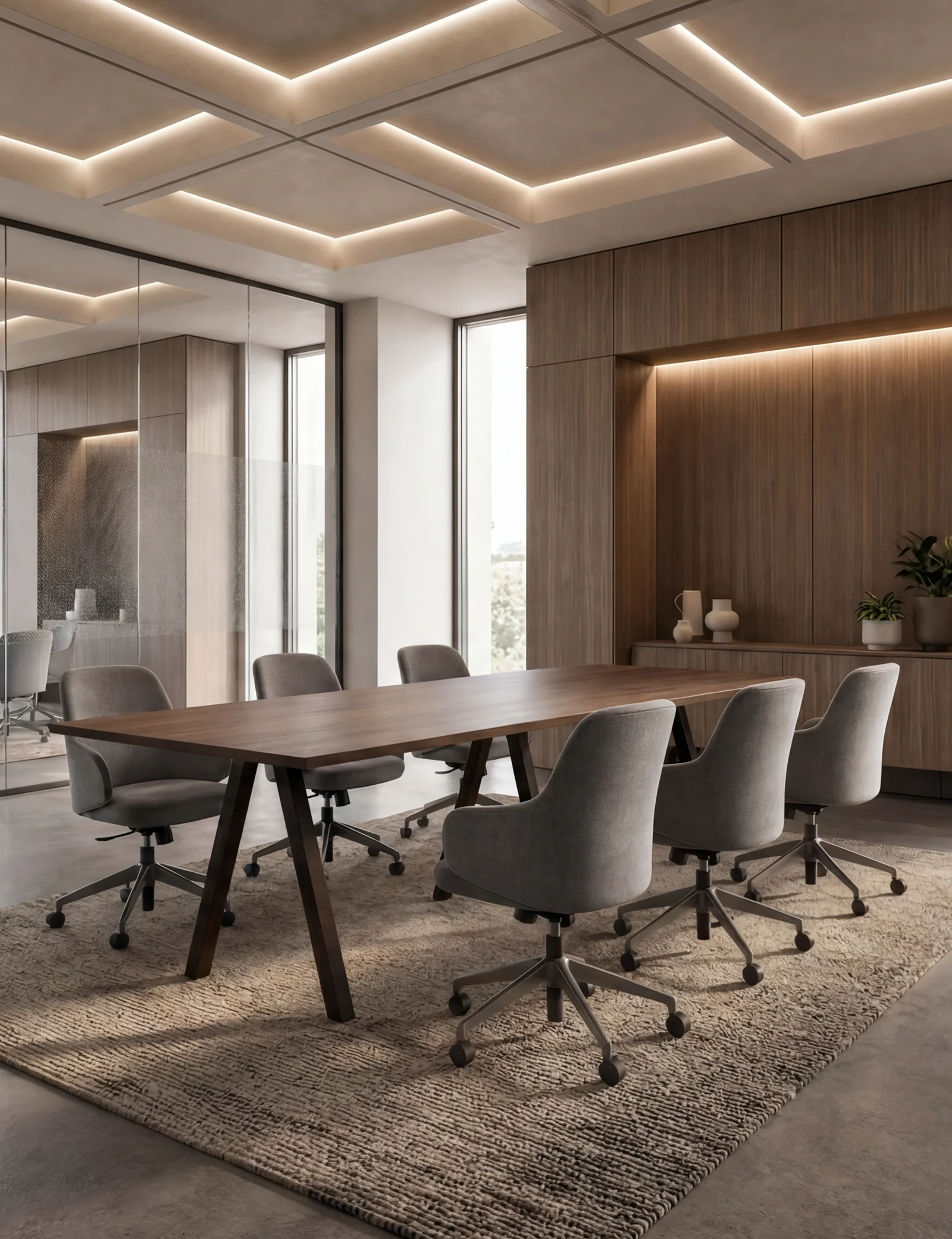 Exclaim conference table with angled steel legs and six gray upholstered chairs in a warm wood-paneled conference room