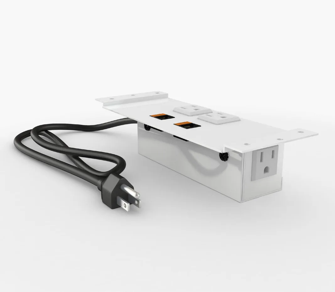 Villa corded power unit in white — mounting flanges, two receptacles with data knockouts, a convenience outlet on the end, and its power cord