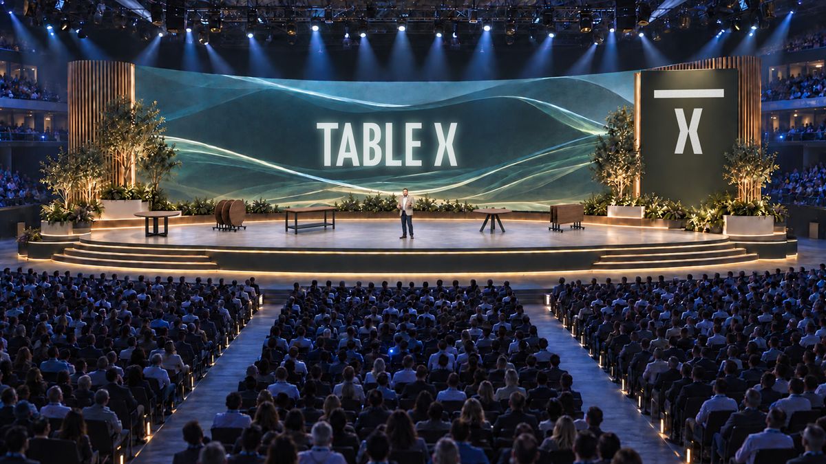 TableX tables on a keynote stage in front of a full auditorium