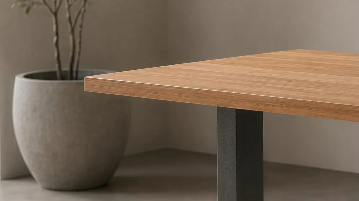 The front corner of a woodgrain laminate top and its matching edge band