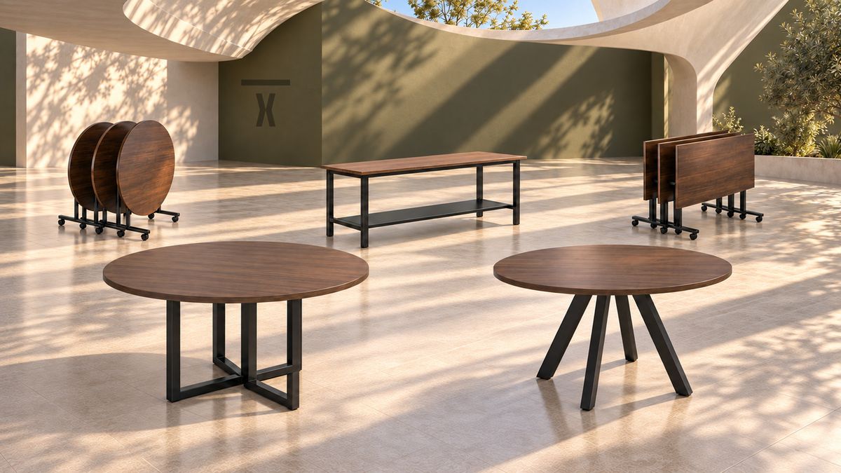 TableX flip-top and round tables in a sunlit sculpted showroom